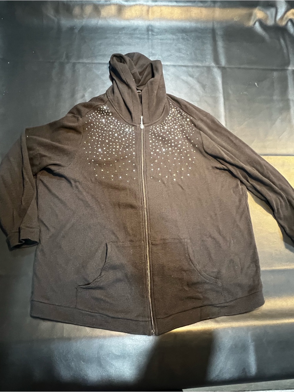 Quacker Factory Black Zip-Up Waffle Hoodie with Rhinestone Accent Plus Size 2X